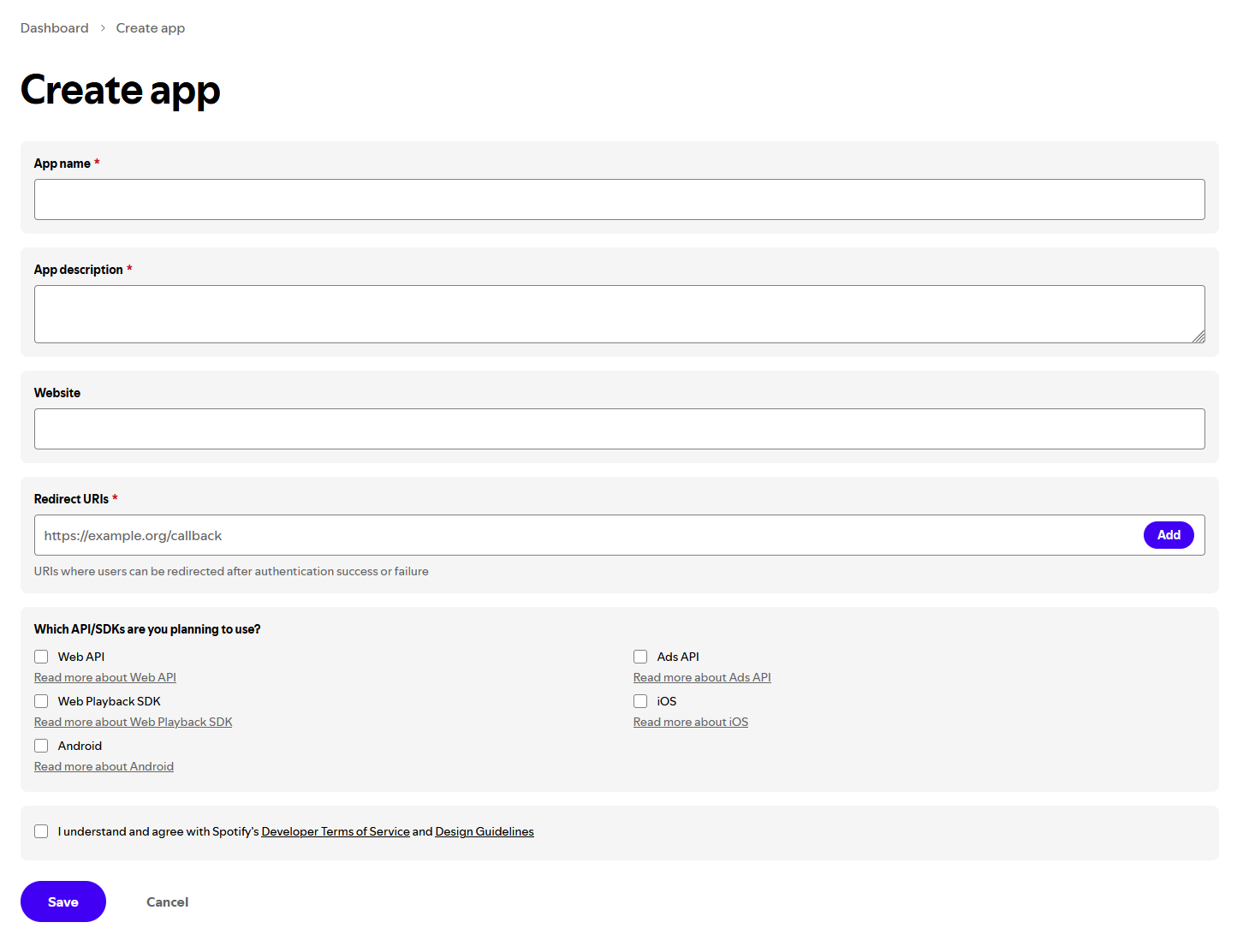 spotify api application creation screen