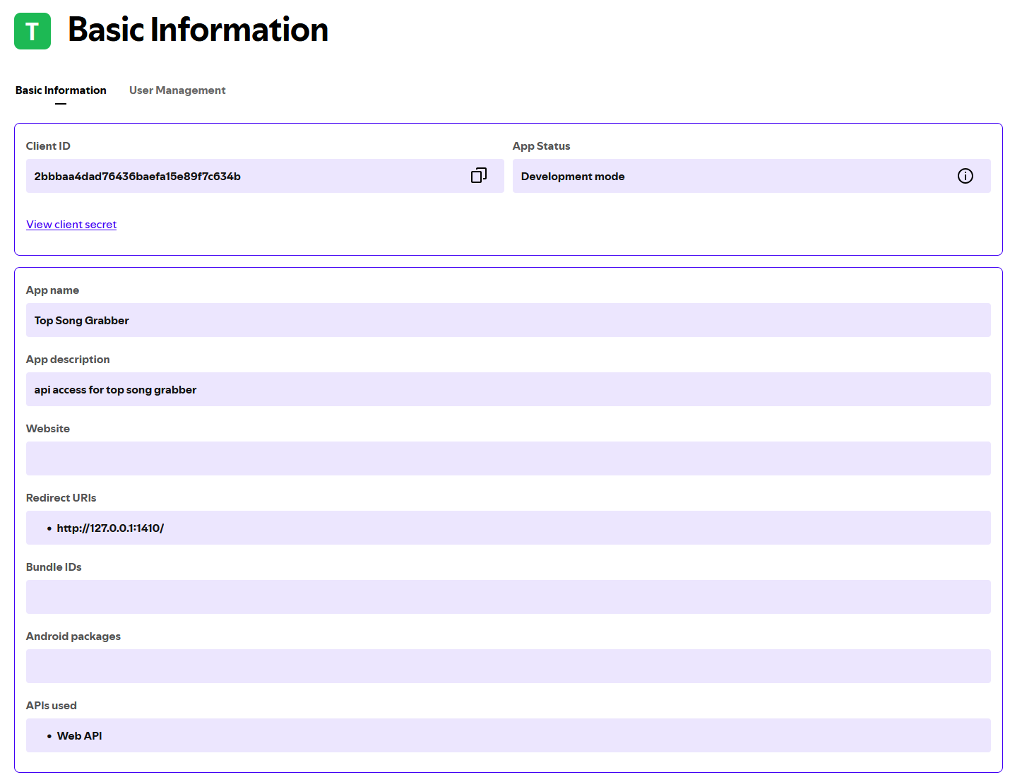 filled and saved spotify api application